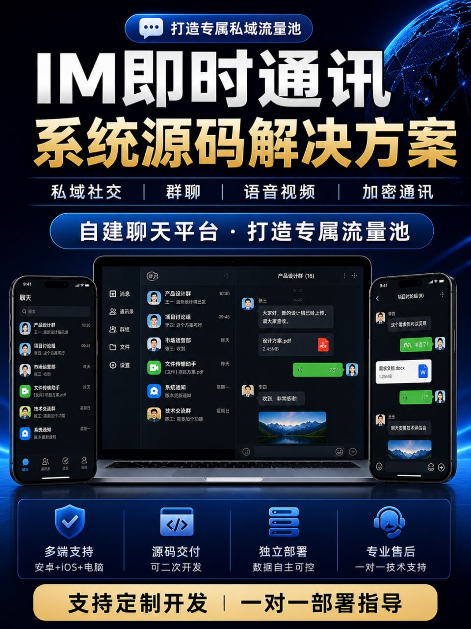 IM即时通讯系统源码 聊天软件开发 社交APP安卓苹果双端 群聊语音